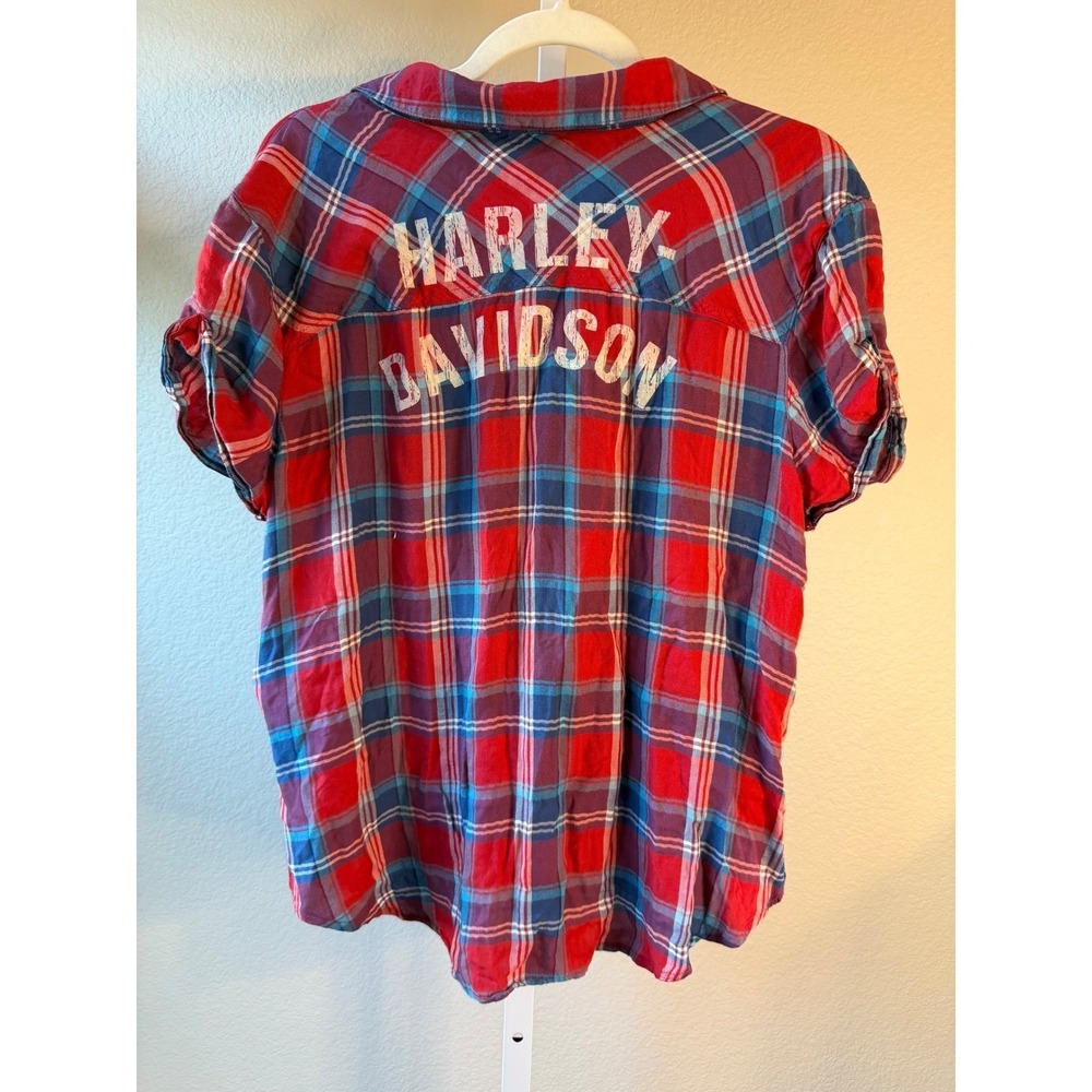 Harley-Davidson Womens XL Plaid Short Sleeve Button Up Shirt Red Blue Rayon - Picture 8 of 8